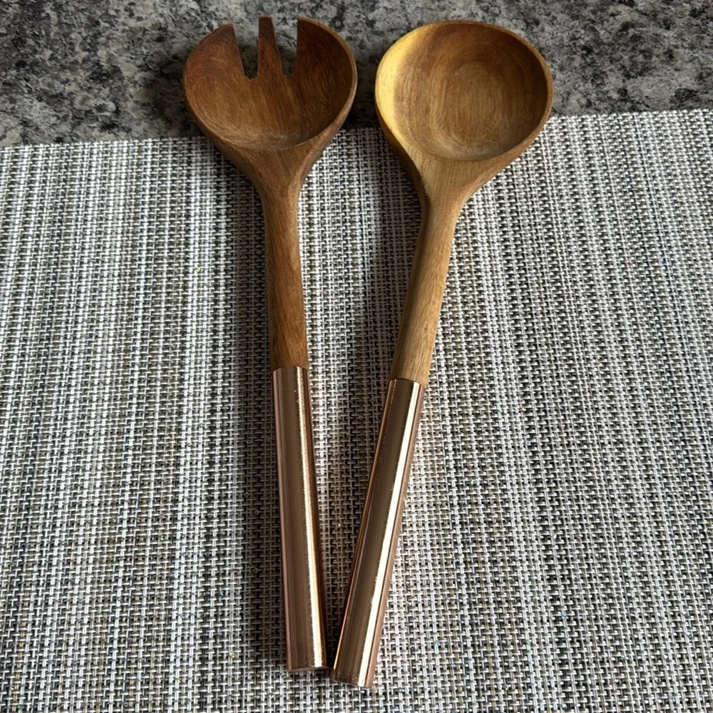 Cravings by Chrissy Teigen Acacia Wood & Gold Metal Handle Salad Serving Set